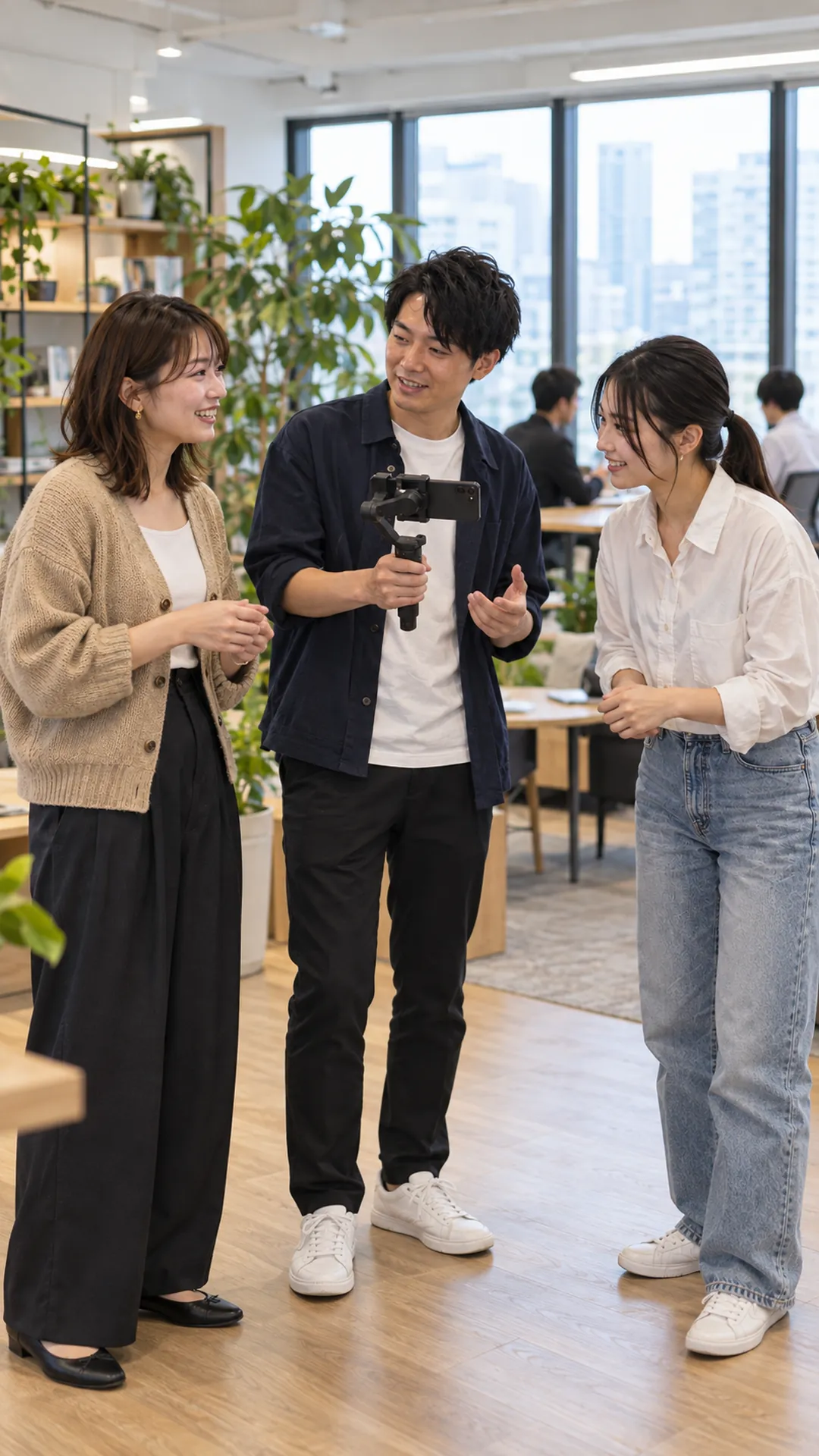社員と会話しながら撮影するタレント（撮影イメージ）