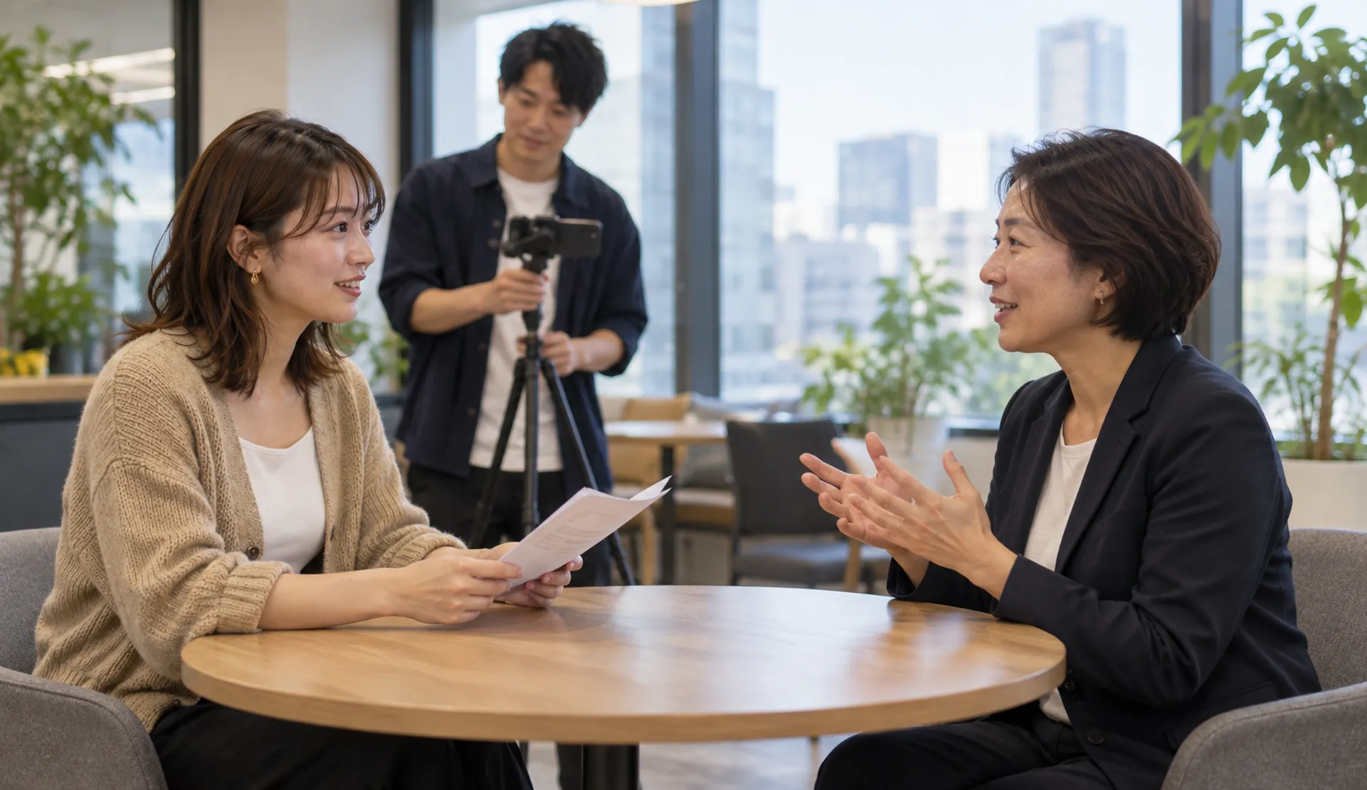 社員にインタビューするタレント（撮影イメージ）