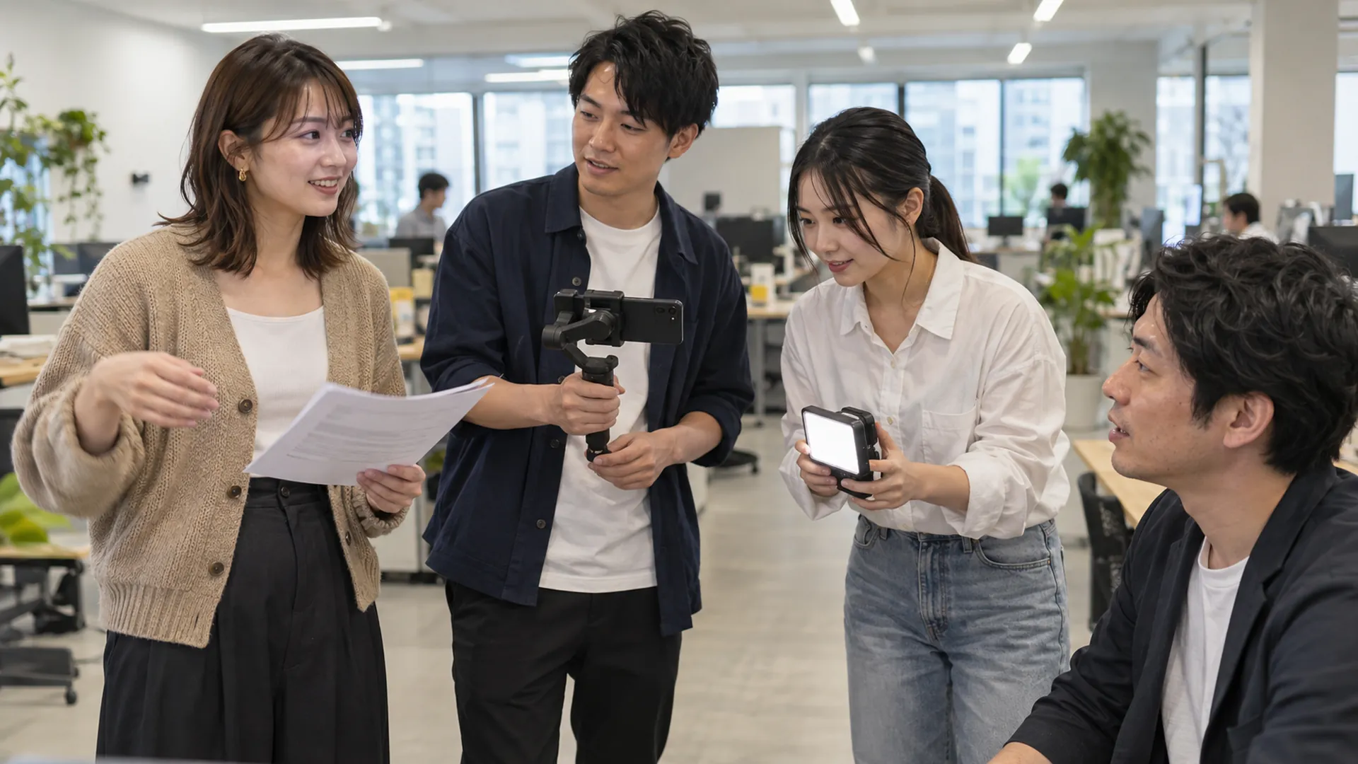 撮影前に打ち合わせをする採用広報チーム（撮影イメージ）